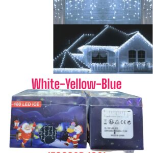 Karácsonyi jégcsap fényfüzér 180 ledes 7,7 m+1,5 m fehér sárga kék