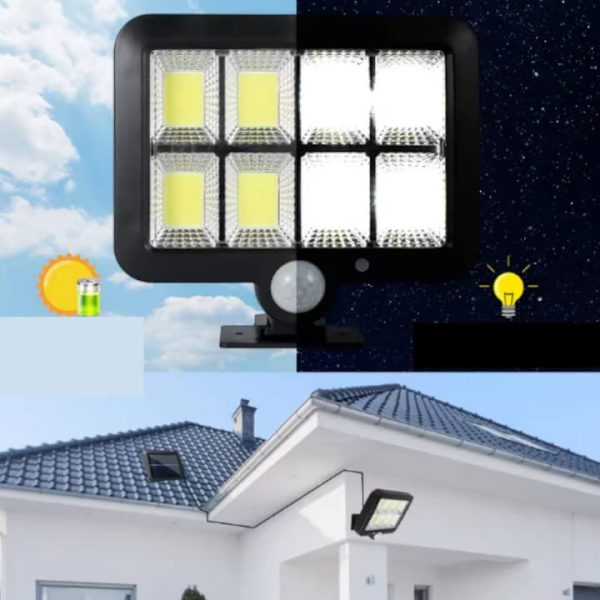 Napelemes mozgásérzékelős LED reflektor (30W, 120 COB LED) Távirányítóval, állítható nappannel és 5m kábellel, IP65 vízálló