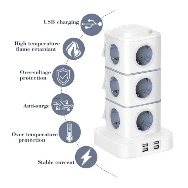 Elosztó torony 12db aljzat AC 4db USB Csatlakozóval 2500w 1,8 m hosszabító