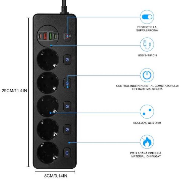 Intelligens hosszabbító Elosztó 5 aljzat, 2 USB port, 2 Type-C port, 5V 3,4A, túlfeszültség védelem, kapcsolós, fekete