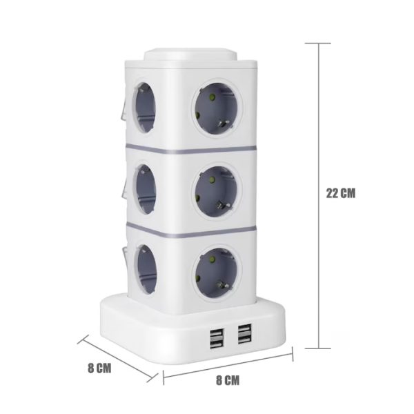 Elosztó torony 12db aljzat AC 4db USB Csatlakozóval 2500w 1,8 m hosszabító