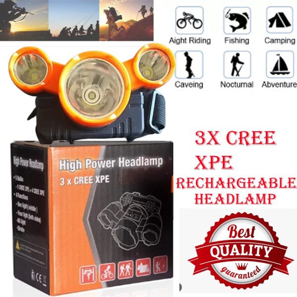 Szuperfényes fejlámpa, 3 x Cree XPE LED, fejpánttal