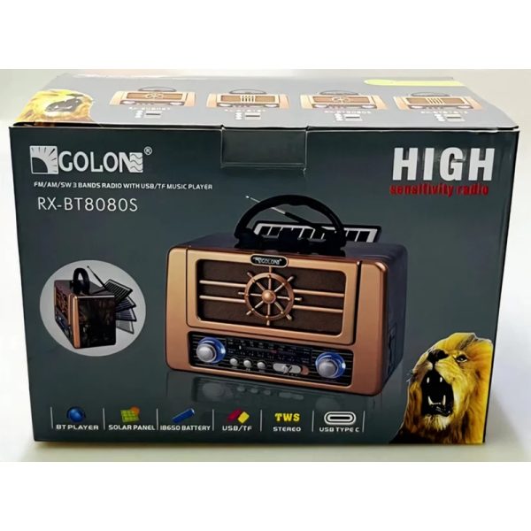 Golon RX-BT8080S Napelemes, retro stílusó hordozható rádió és bluetooth hangszóró, FM/AM/SW/BTUSB/TF