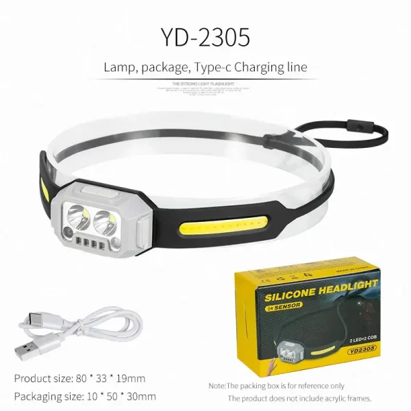 YD2305 Szilikon fejlámpa 2LED + 2COB, USB-C töltéssel