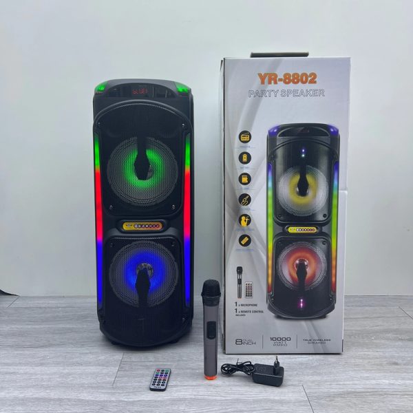 Yr-8802 Bluetooth hangszóró, 20W RMS, AUX/USB/TF/FM/BT/kijelző/felvétel/MIC bemenet/TWS/RGB fény