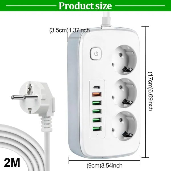 Kapcsolós Hosszabbító Elosztó 2m, 3 aljzat + 4 USB + 1 USB-C, 2500 W