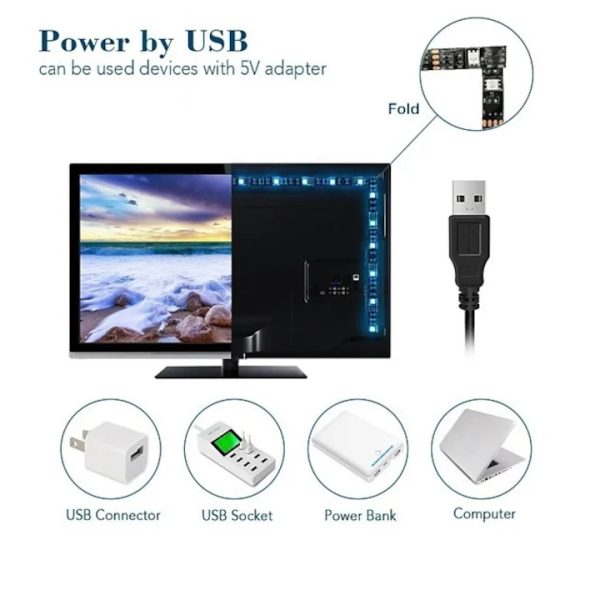 USB LED szalag 3 méter fekete öntapadós huzallal, távirányítóval és bluetooth aplikációval, IP65