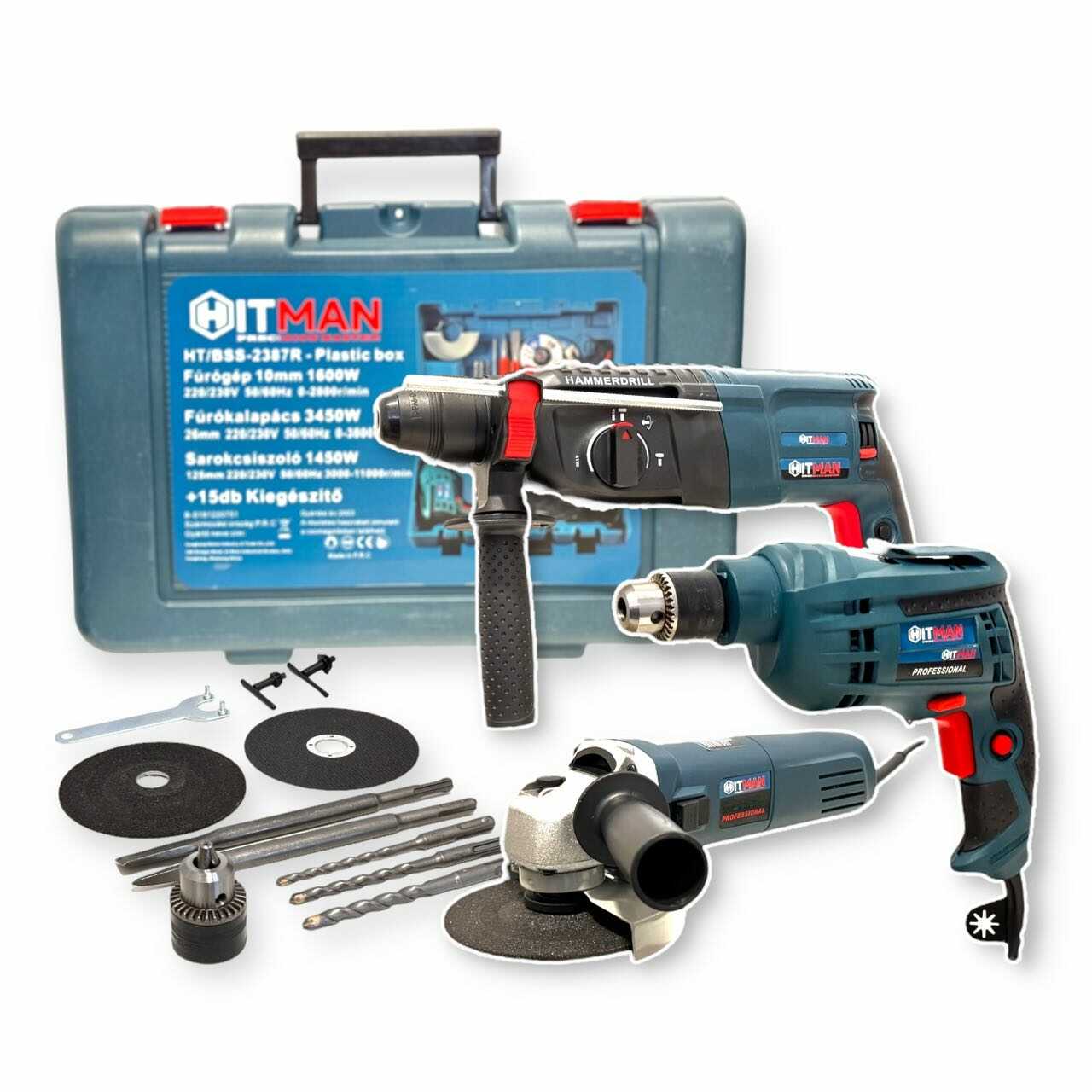 Hitman BBS-2387R Szerszámkészlet: fúrógép 1600W, fúrókalapács 3450W, sarokcsiszoló 1450W