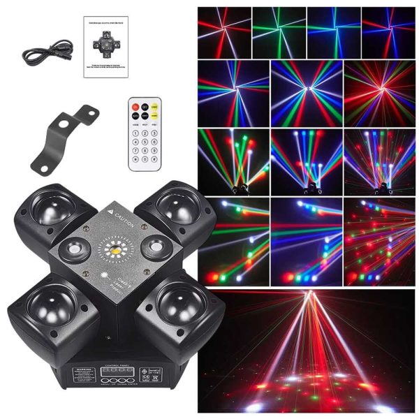 Lézeres-LED Diszkófény, Mozgófejes lézer, 4 Karos Effekttel, Stroboszkóppal, Távirányítóval, Hangefektes mód, 48W