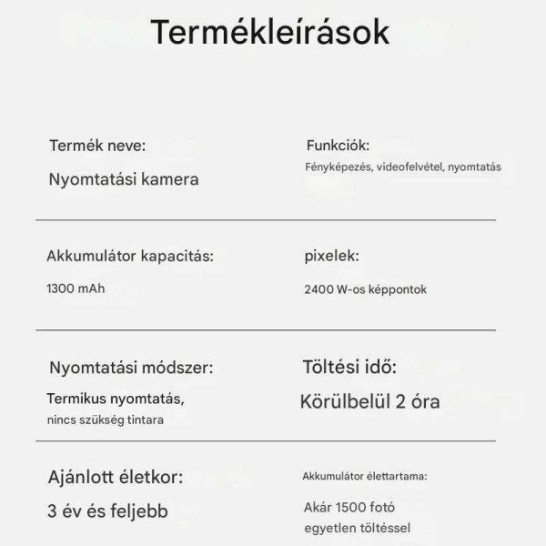 Cicás Mini Gyermek fényképezőgép azonnali nyomtatással és színezővel +1 tekercs hőpapírral