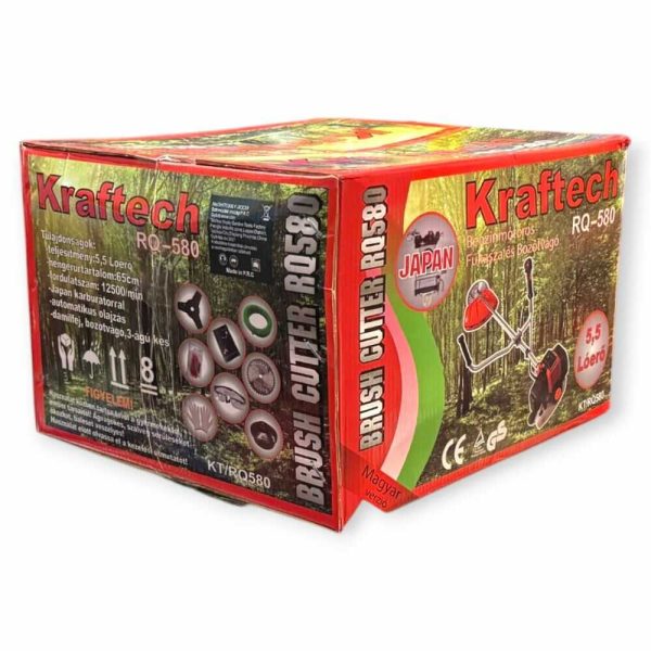 KrafTech RQ580 Benzines Fűkasza – 5,5 Lóerő, 65 cm³, 3 az 1-ben Bozótvágó: damilfej, acéltárcsa, háromélű penge