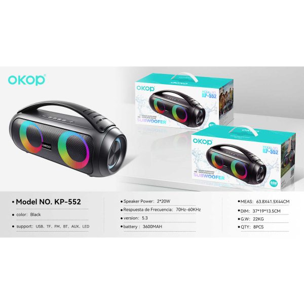 OKOP KP-552 Hordozható Bluetooth Hangszóró 2x20W, 3600mAh Akku, Beépített SUBWOOFER