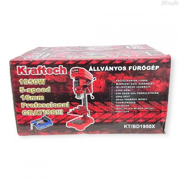 Kraftech KT-BD1950X Állványos Oszlopos Fúrógép 1950W, 16mm Tokmány, Fémtalpas, Gépi Satuval