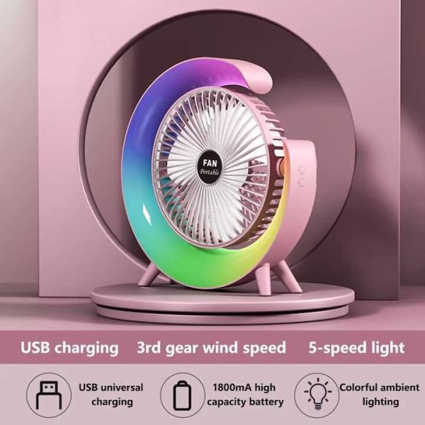 Mini asztali ventilátor , F13, RGB led világítással , 3 féle sebeséggel , 5 világítási mód, usb töltéssel
