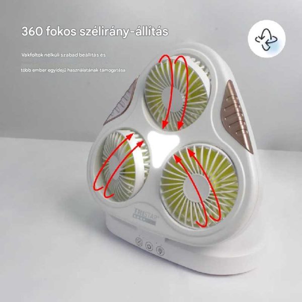 Hordozható Háromlapátos USB Ventilátor, Összecsukható, LED Világítás, Mobiltelefon Tartóval