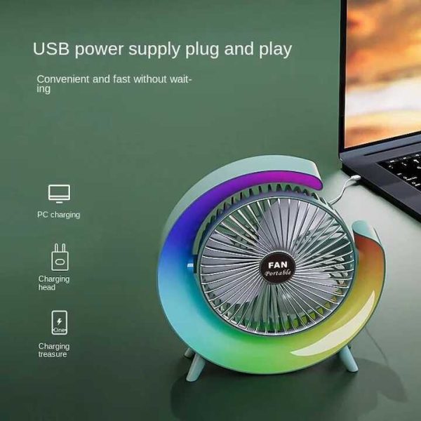Mini asztali ventilátor , F13, RGB led világítással , 3 féle sebeséggel , 5 világítási mód, usb töltéssel