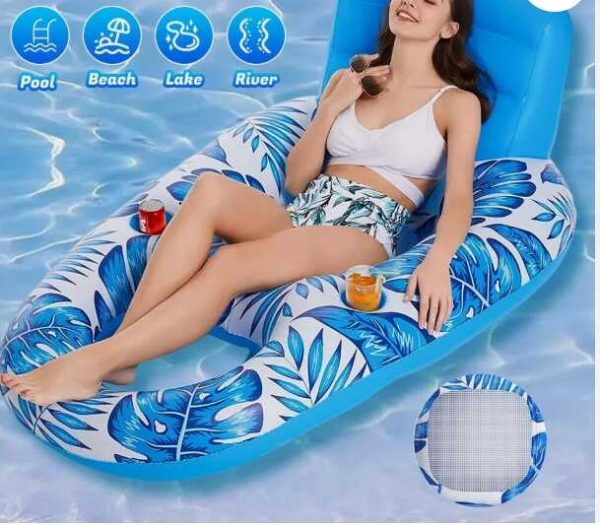 Vízifotel italtartóval trópusmintás pihenőfotel pohártartóval kék 150 x 90 cm