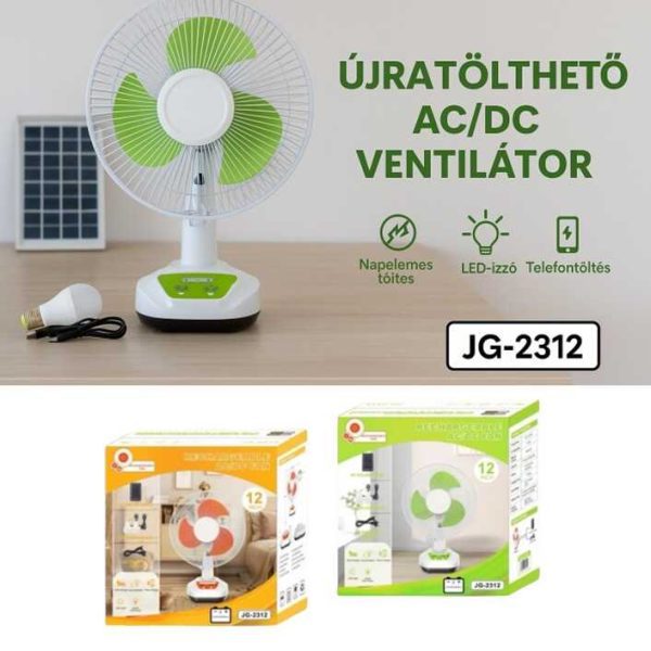 JG-2312 Napenergiás Multifunkciós Ventilátor Világítással és Töltéssel – 12 " Hordozható