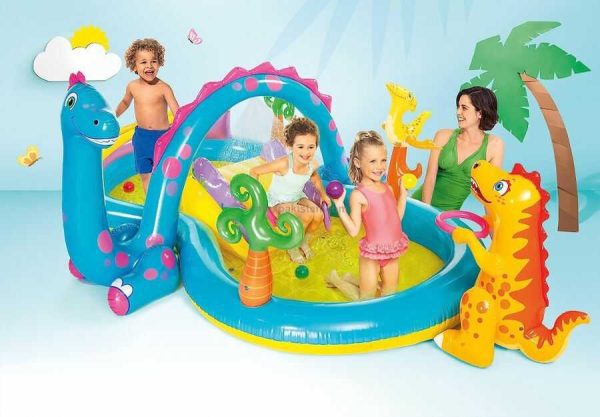 Intex felfújható dinós élménymedence ,vízsugárral , csúzdával gyerekeknek , 3.02 m × 2.29 m × 1.12 m