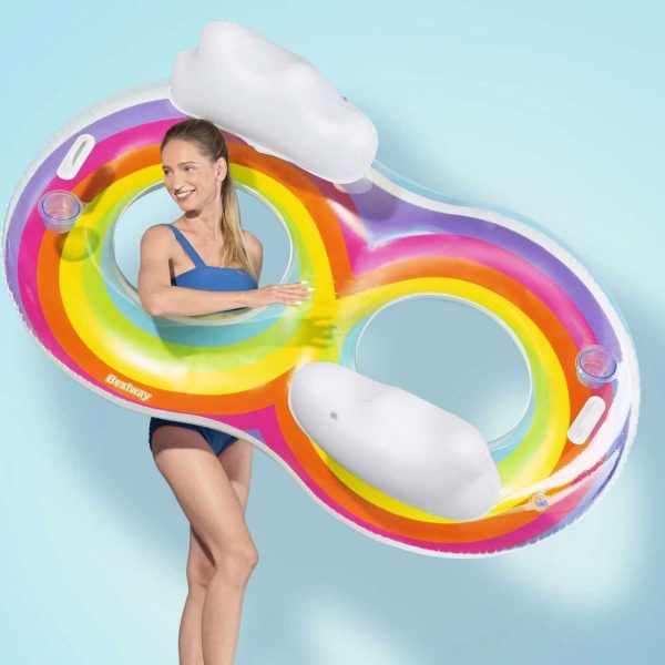 Óriás felfújható két személyes szivárvány úszógumi háttámlával és kapaszkodóval , 160 × 110 cm