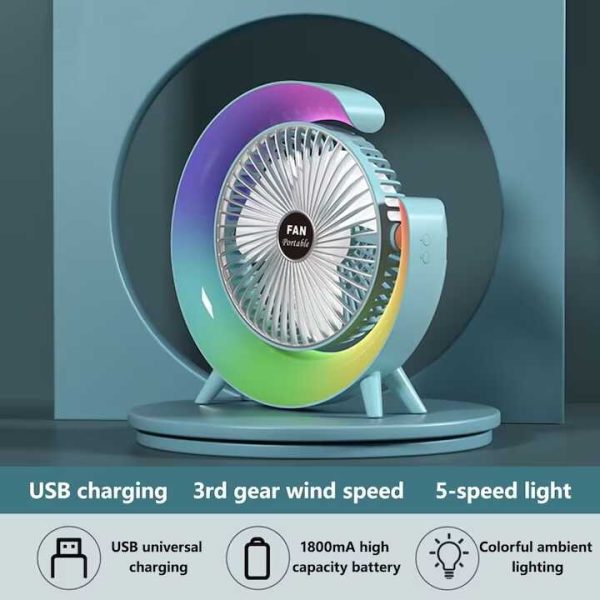 Mini asztali ventilátor , F13, RGB led világítással , 3 féle sebeséggel , 5 világítási mód, usb töltéssel