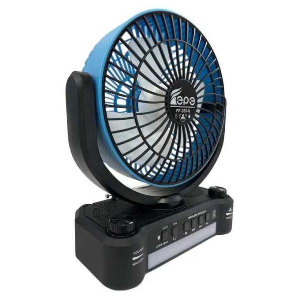 Napelemes hordozható ventilátor + elektromos töltés FP-355-S , beépített FM rádióval , Led világítással