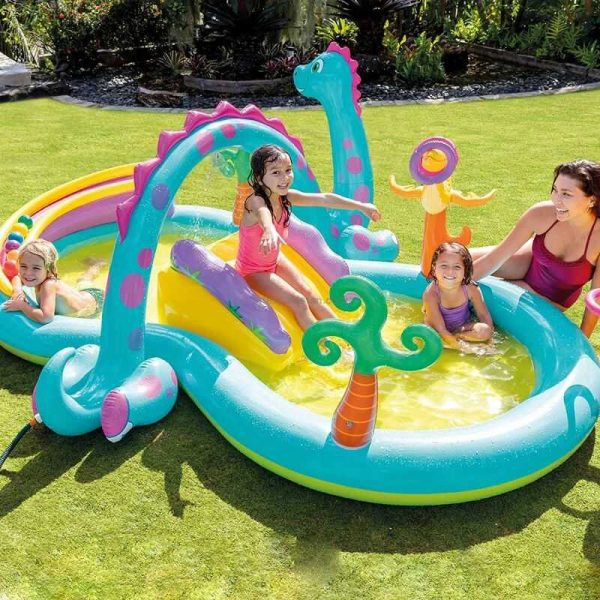 Intex felfújható dinós élménymedence ,vízsugárral , csúzdával gyerekeknek , 3.02 m × 2.29 m × 1.12 m