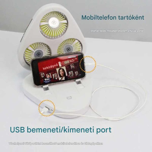 Hordozható Háromlapátos USB Ventilátor, Összecsukható, LED Világítás, Mobiltelefon Tartóval