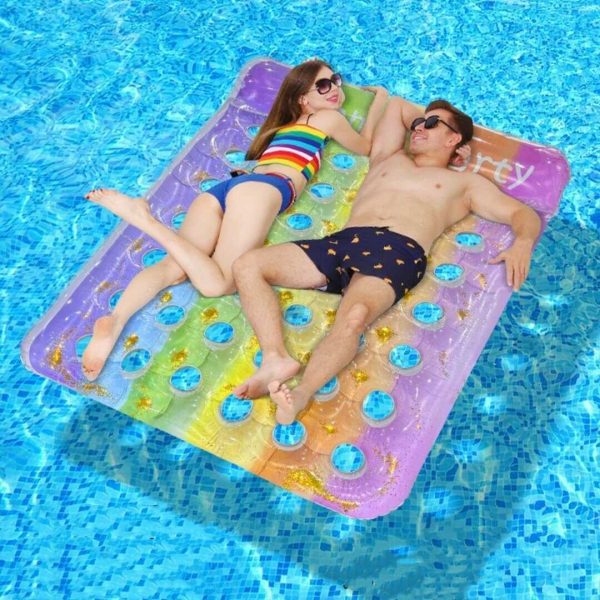 Kétszemélyes óriás pihenőmatrac strandmatrac szivárványszínű lyukmintás csillámos 164x145 cm