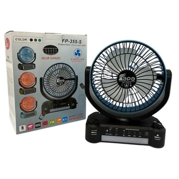 Napelemes hordozható ventilátor + elektromos töltés FP-355-S , beépített FM rádióval , Led világítással