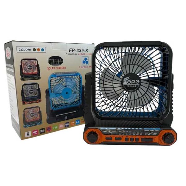 Napelemes hordozható ventilátor + elektromos töltés FP-339-S , beépített FM rádióval , Led világítással