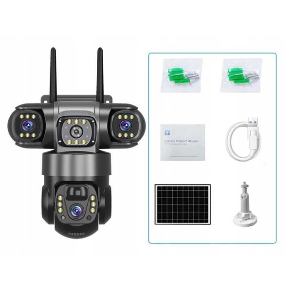 Kültéri napelemes kamera 4K, 9MPx, 4G LTE SIM, 3 képernyős, mozgáskövető V380