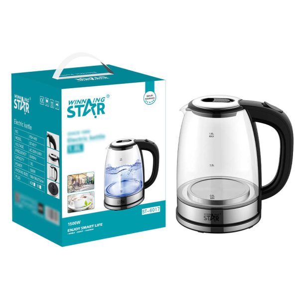 WINNING STAR ST-6017 Elektromos Üveg Vízforraló, 1.8L, Kék LED Világítással
