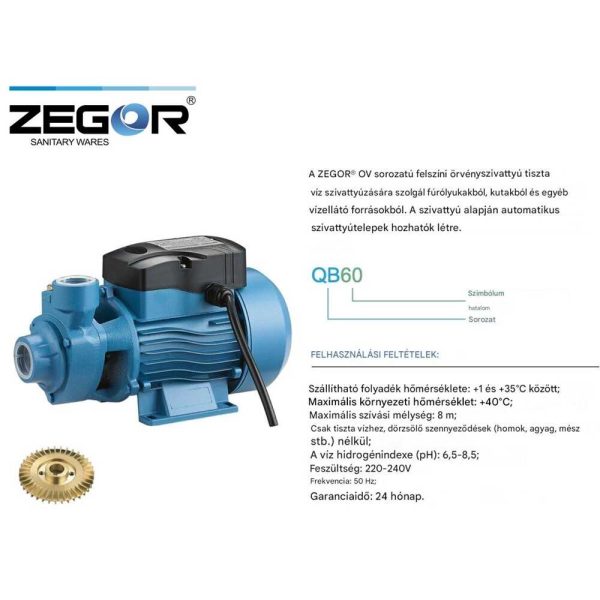 ZEGOR QB60 Felületi Örvényszivattyú, 370W, 40m Max. Emelőmagasság, Sárgaréz Járókerék