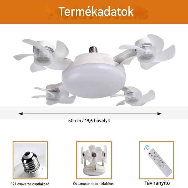 Drón mennyezeti ventillátor lámpa E27, 3 sebesség, 3 színhőmérséklet és 3 fényerő fokozat