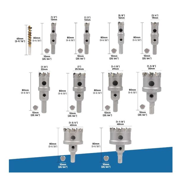 Haina HA-0061 TCT Lyukfűrész Készlet, 10 részes, 16-53mm, Wolfram-Karbid Heggyel, Fémhez