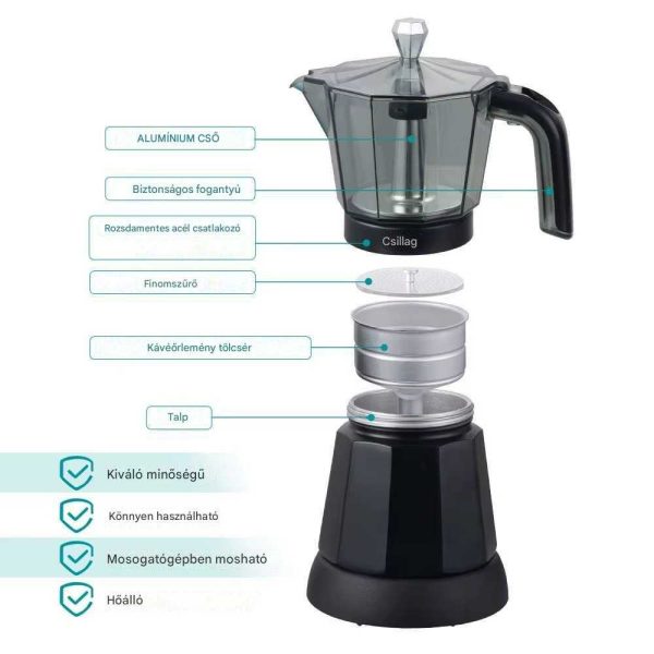 WINNING STAR ST-6802 Elektromos Moka Kávéfőző, 6 Csészés, Szárazforralás Védelemmel
