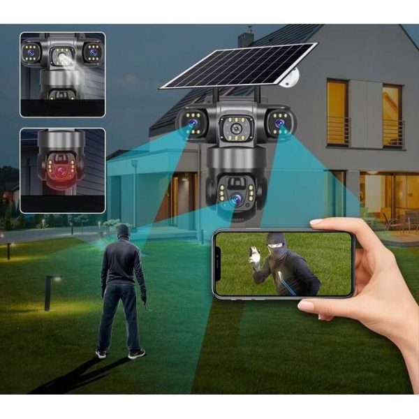 Kültéri napelemes kamera 4K, 9MPx, 4G LTE SIM, 3 képernyős, mozgáskövető V380