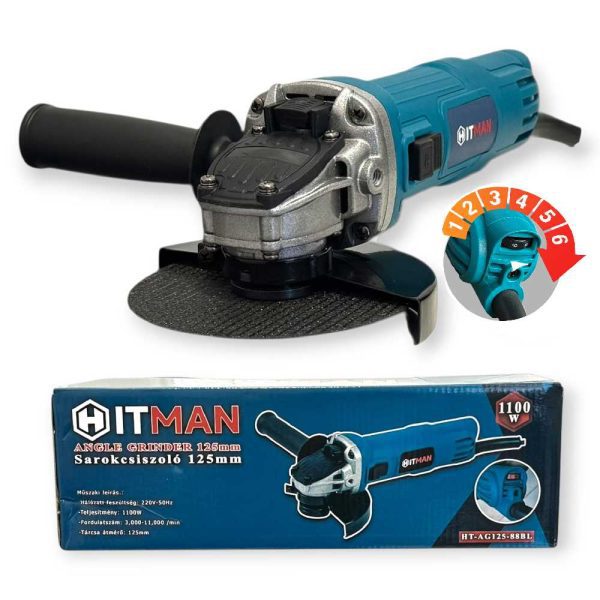 Hitman HT-AG125-88BL Sarokcsiszoló, 125mm, 1100W, Fordulatszám-szabályozóval
