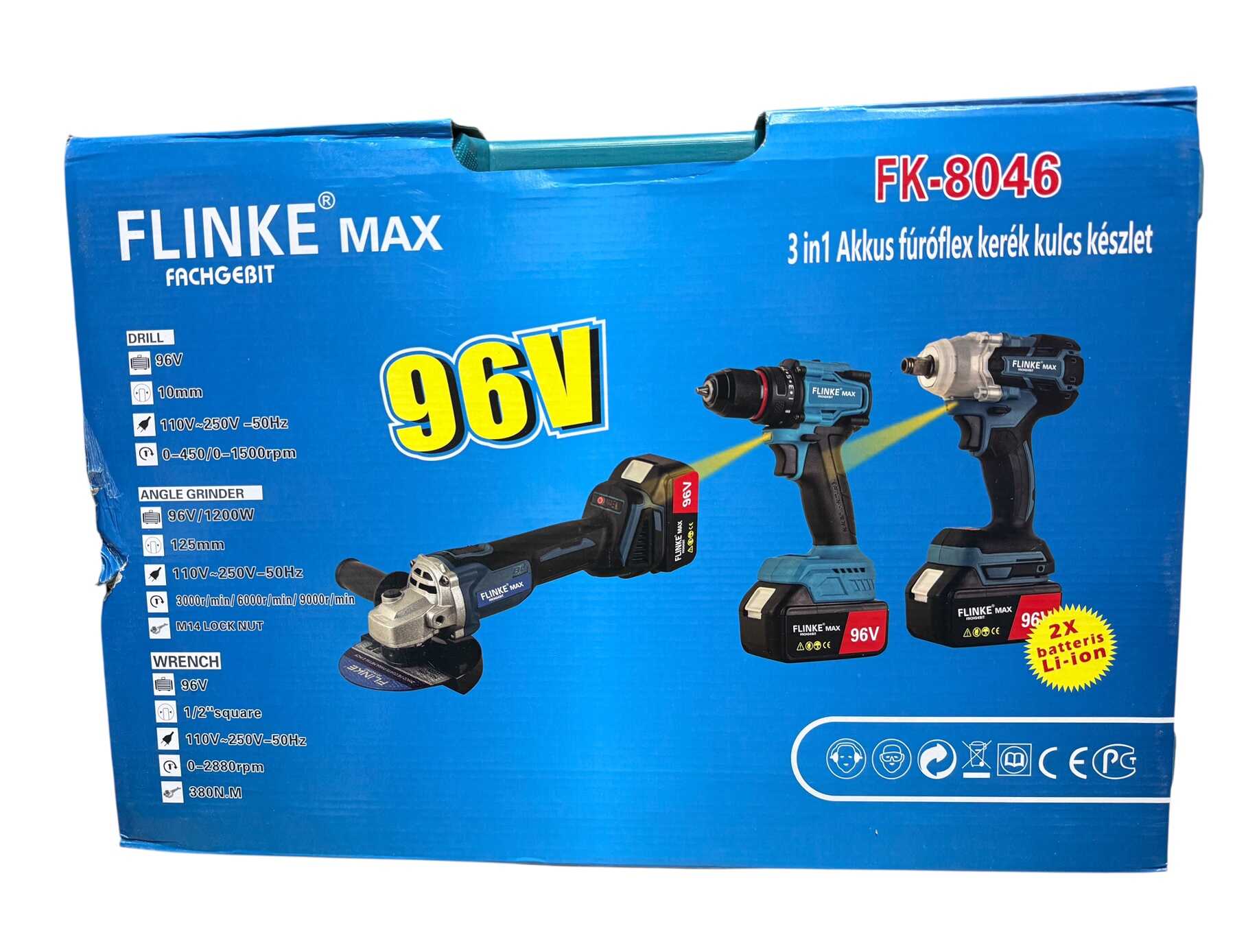 Flinke FK-8046 3 az 1-ben akkumulátoros szerszámkészlet, 96V, 30000mAh, ütvefúró, sarokcsiszoló, csavarbehajtó 2 akkuval