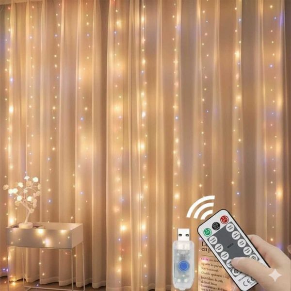 LED fényfüggöny/ drótfüzér távírányítóval, függönyre akasztható, Meleg fehér színben 3x2 m méretben