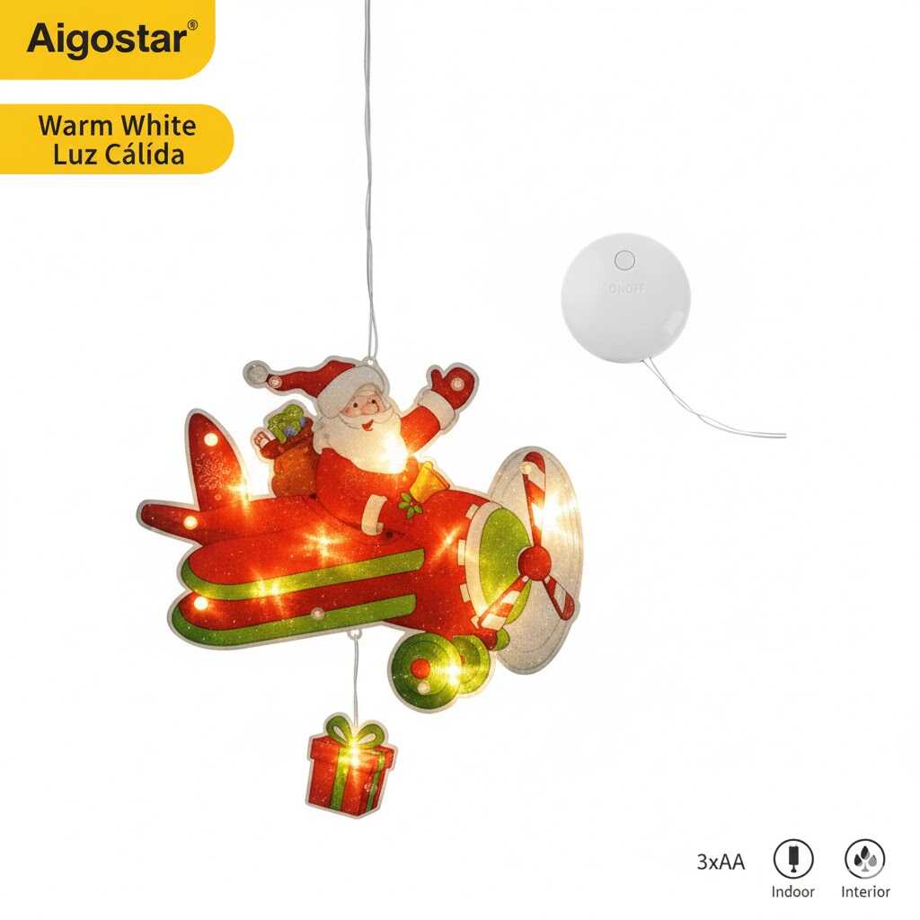 Aigostar Ledes Mikulás Repülőn érkezik Ablak és karácsonyfa Dekoráció, 10 LED, elemes, melegfehér 20 cm