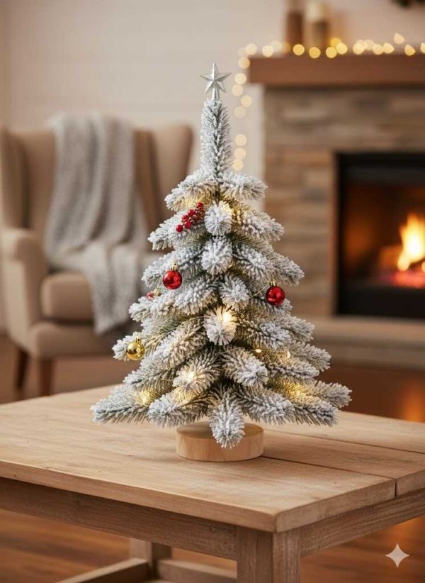 Zúzmarás Mini Karácsonyfa, műfenyő asztali díszfenyő 15 cm, Havas, zöld Fa Talppal