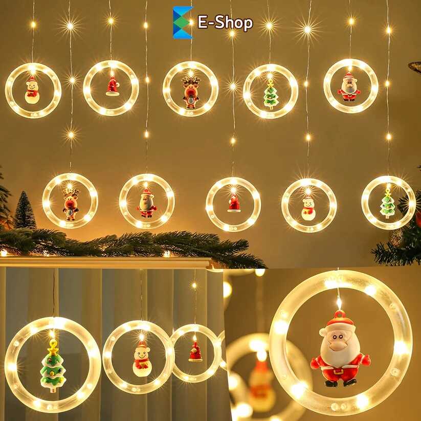 Karácsonyi Kör Fényfüggöny 10 db Gyűrűvel, 3 m x 0.6 m, Melegfehér, Karácsonyi Mintákkal