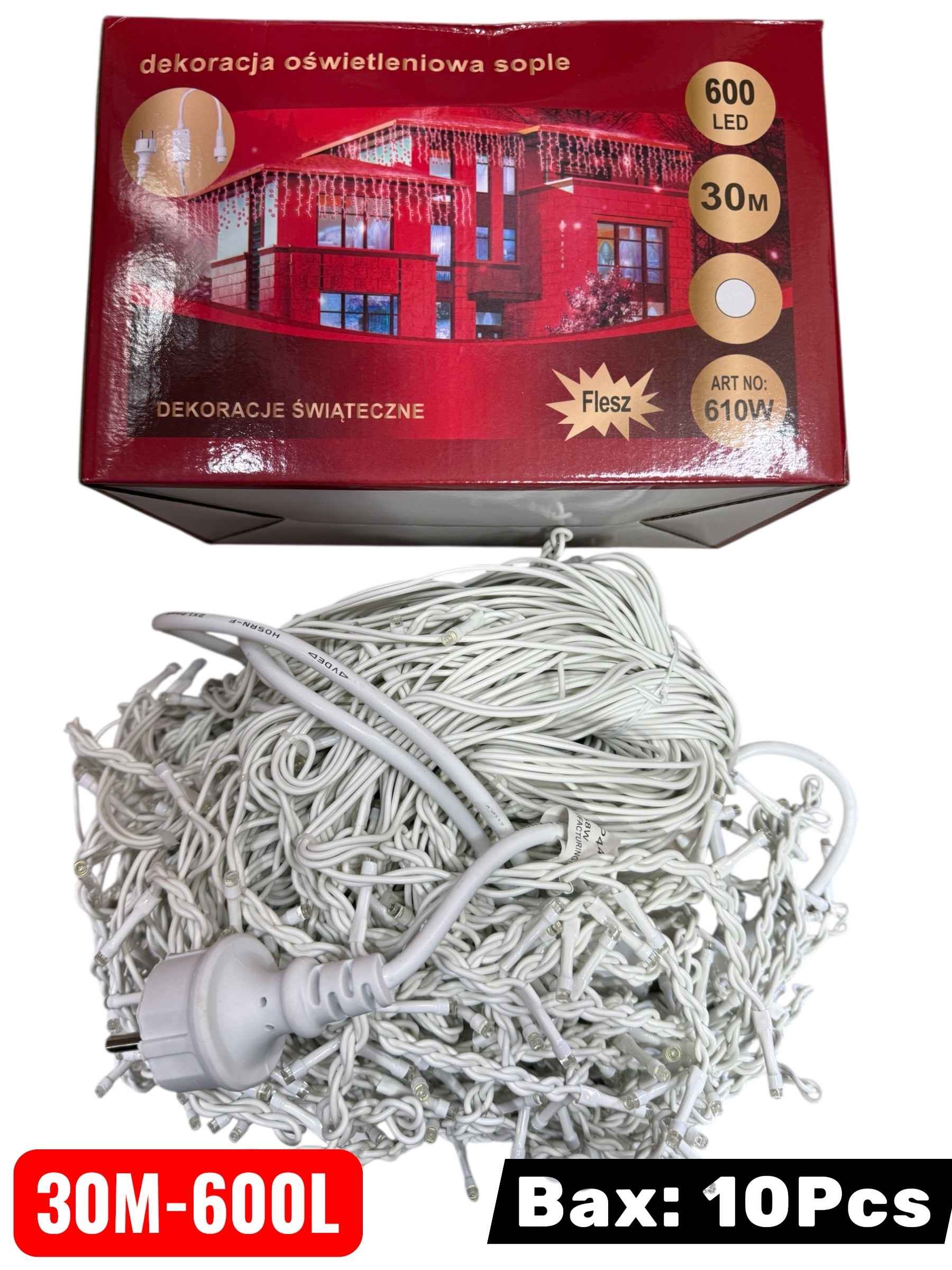 Karácsonyi Jégcsap LED Fényfüzér, 30 méteres, 600 LED, Hideg fehér kültéri ip 44 610W