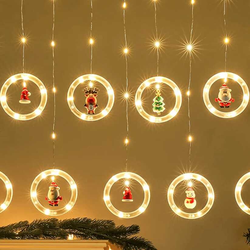 Karácsonyi Kör Fényfüggöny 10 db Gyűrűvel, 3 m x 0.6 m, Melegfehér, Karácsonyi Mintákkal