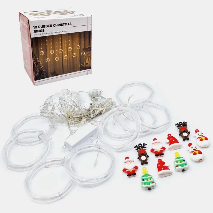 Karácsonyi Kör Fényfüggöny 10 db Gyűrűvel, 3 m x 0.6 m, Melegfehér, Karácsonyi Mintákkal