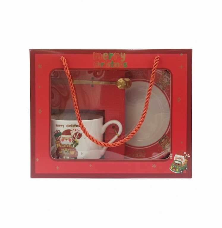 Karácsonyi Bögre Szett Zsinórfüles Dobozban, Alátéttel és Arany Kanállal