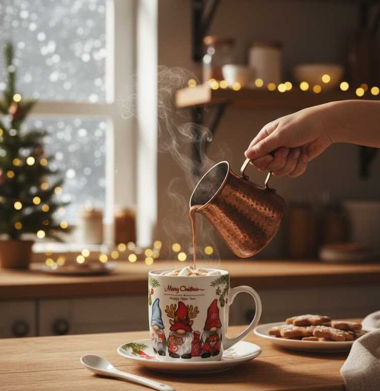 Karácsonyi Bögre Szett Manós Mintával, Kanállal és Fedővel