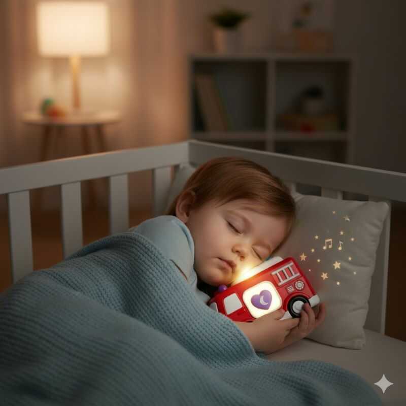 Plüss tűzoltó autó , zenél és nyugtató hangot ad ki